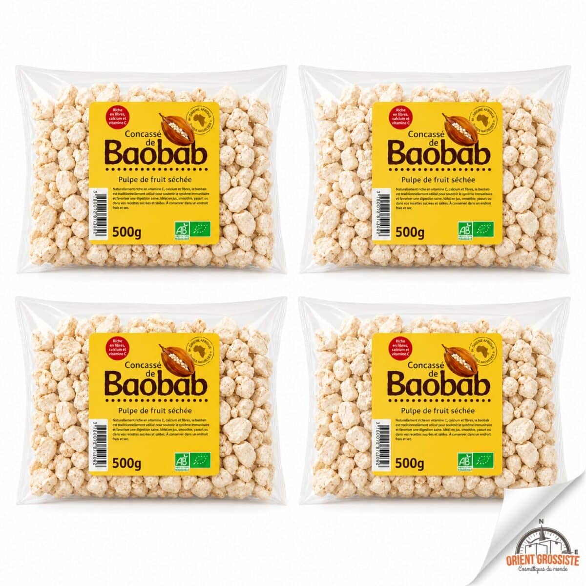 Baobab concassé en gros, lot de 4 sachets de 500 g origine Afrique