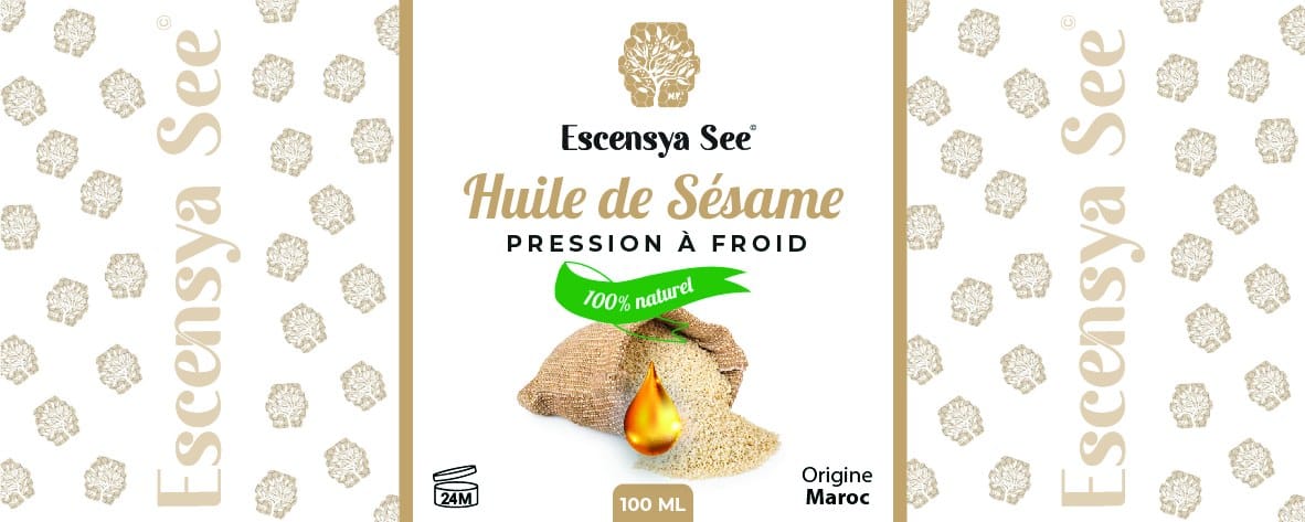 Etiket Escencya See: koudgeperste sesamolie, geproduceerd als huismerk