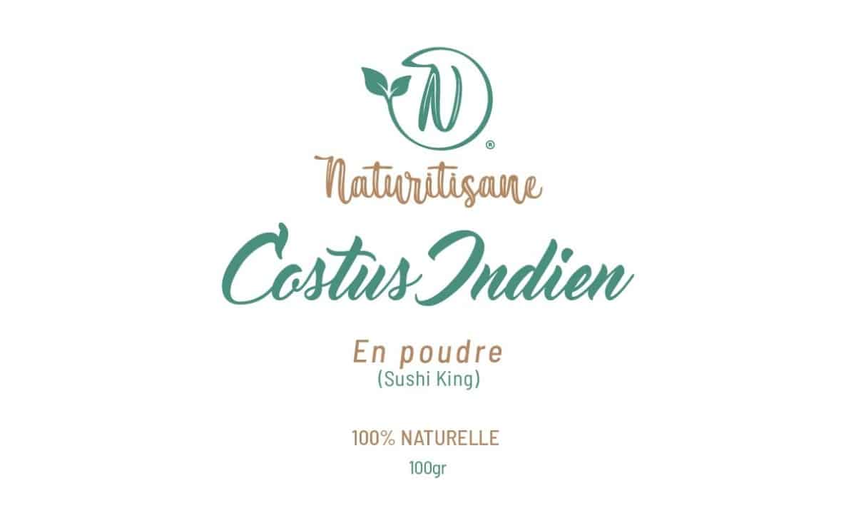 Naturitisane-etiket voor Indisch costuspoeder, geproduceerd als huismerk