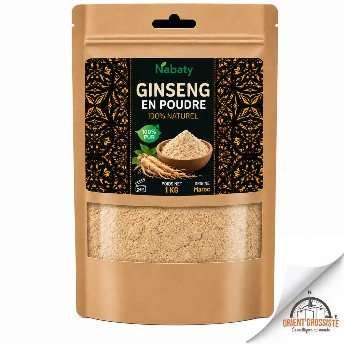 Sachet de 1 kg de ginseng en poudre Nabaty, vendu en gros