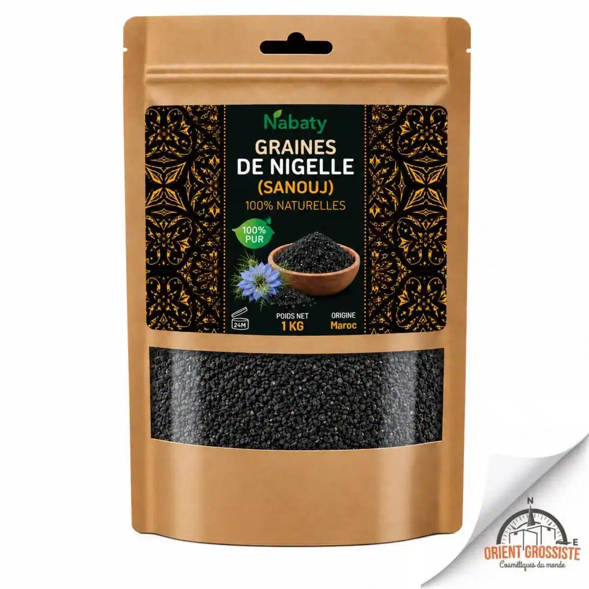 Sachet de 1 kg de graines de nigelle sanouj Nabaty, vendu en gros