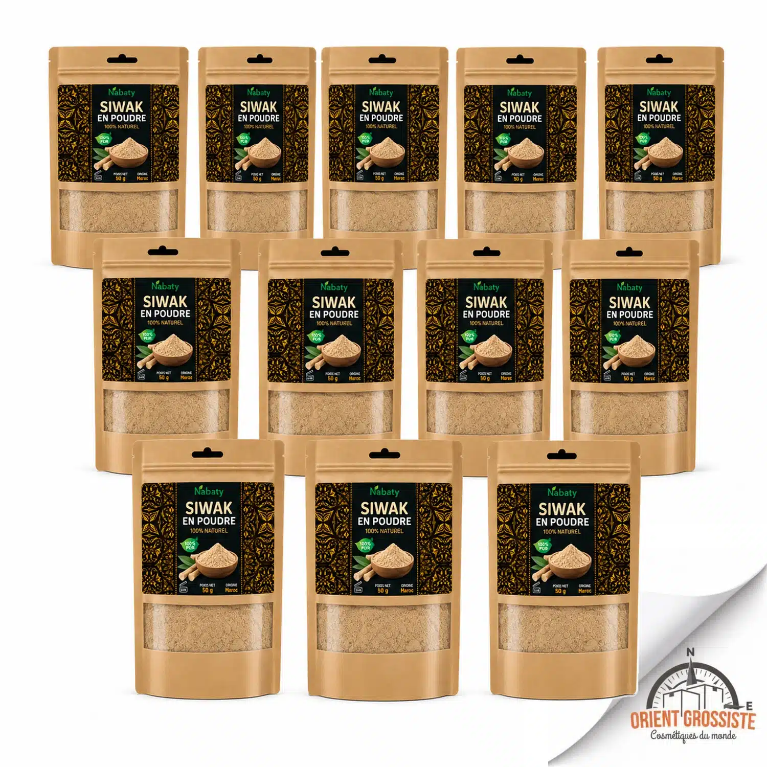 Lot de 12 sachets de 50 g de siwak en poudre Nabaty, vendu en gros