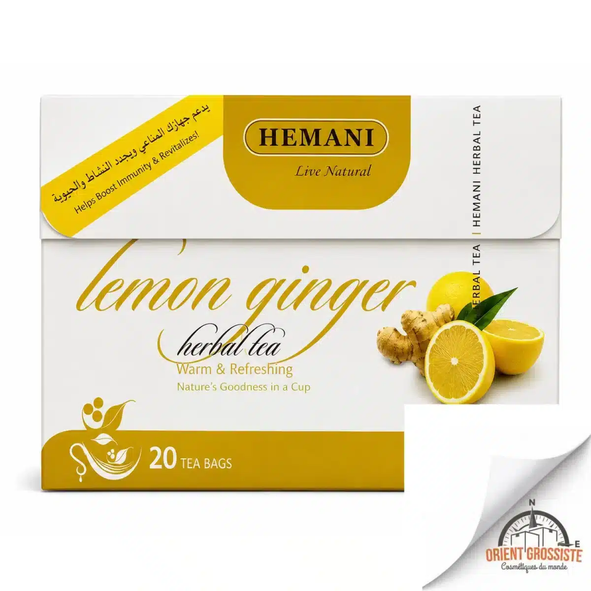Lot de 12 boîtes de tisane citron gingembre Hemani, vendues en gros