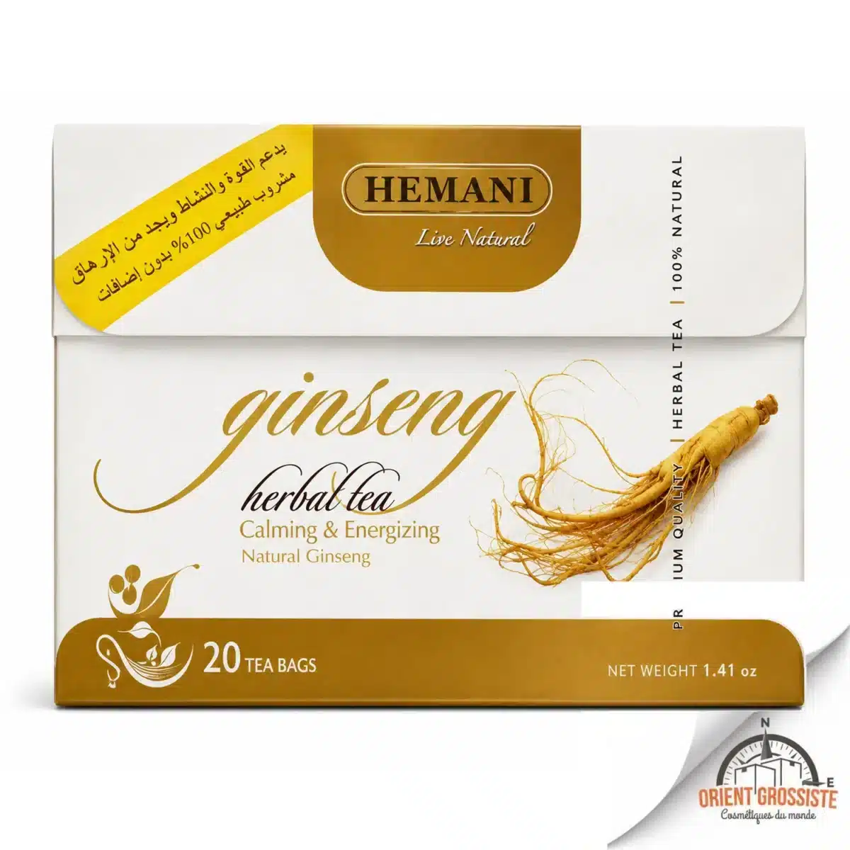 Lot de 12 boîtes de tisane de ginseng Hemani, vendues en gros