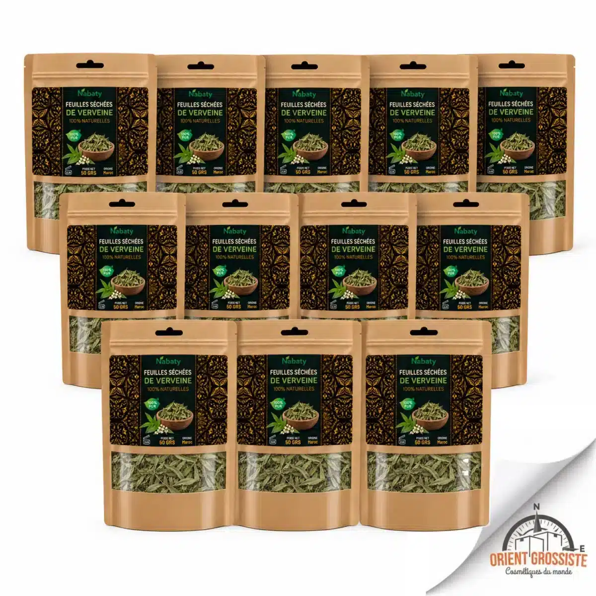 Lot de 12 sachets de 50 g de feuilles séchées de verveine Nabaty, vendu en gros